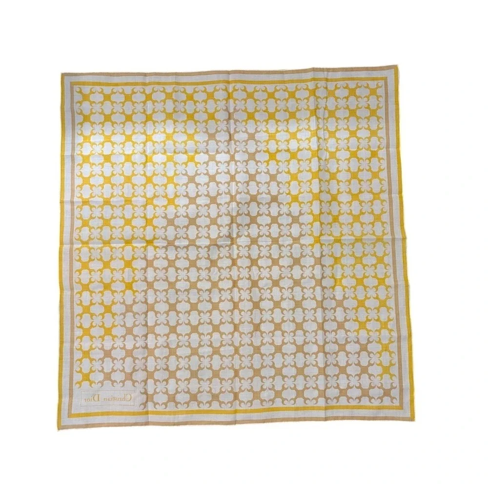 Christian Dior Cotton Scarf Yellow White Geometric Pattern Square Neckerchief